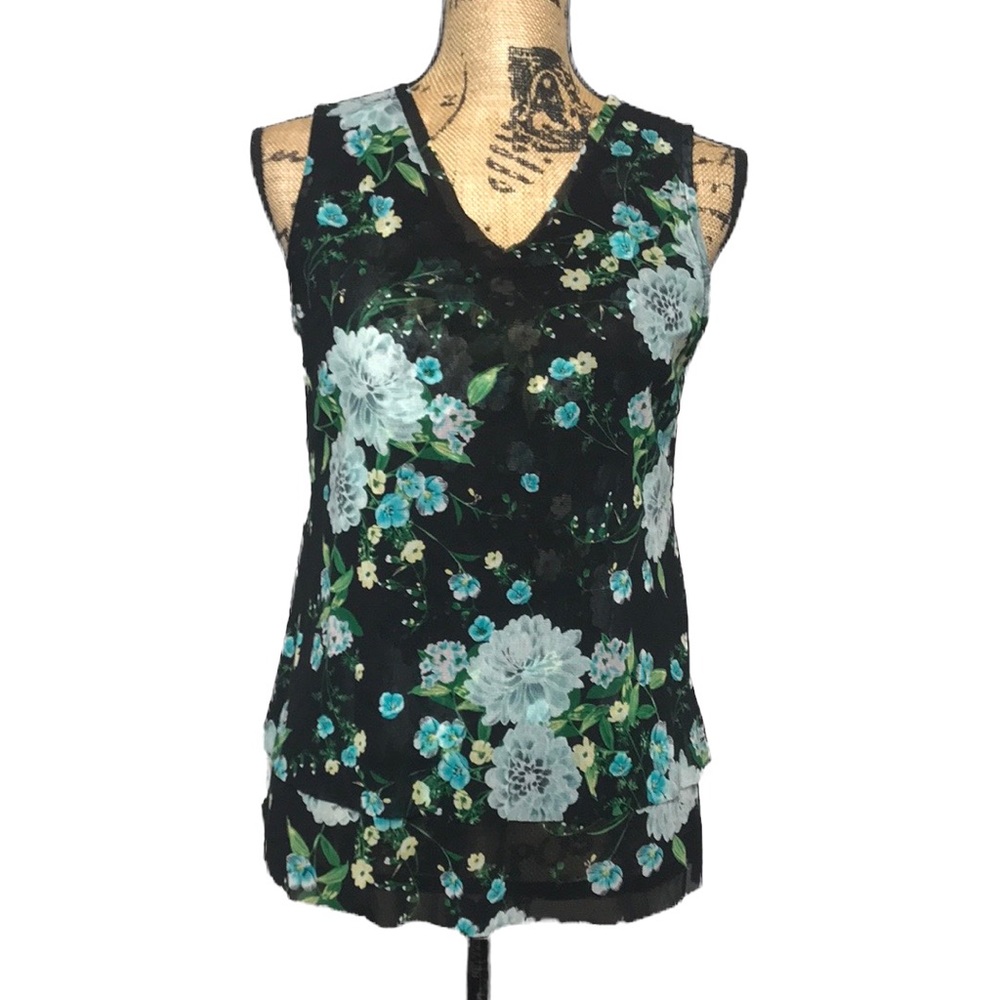 Sheer Layered Black Floral Sleeveless Tank Top LP